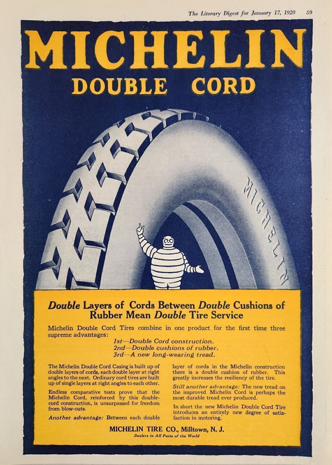 1920 Print Ad Michelin Double Cord Tires Michelin Man Milltown,New Jersey