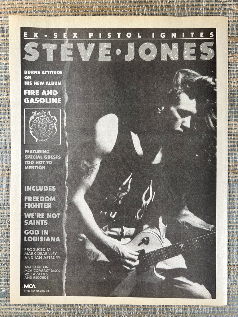 Steve Jones – Fire and Gasoline MCA Records Sex Pistols 1990 Vintage Print Ad