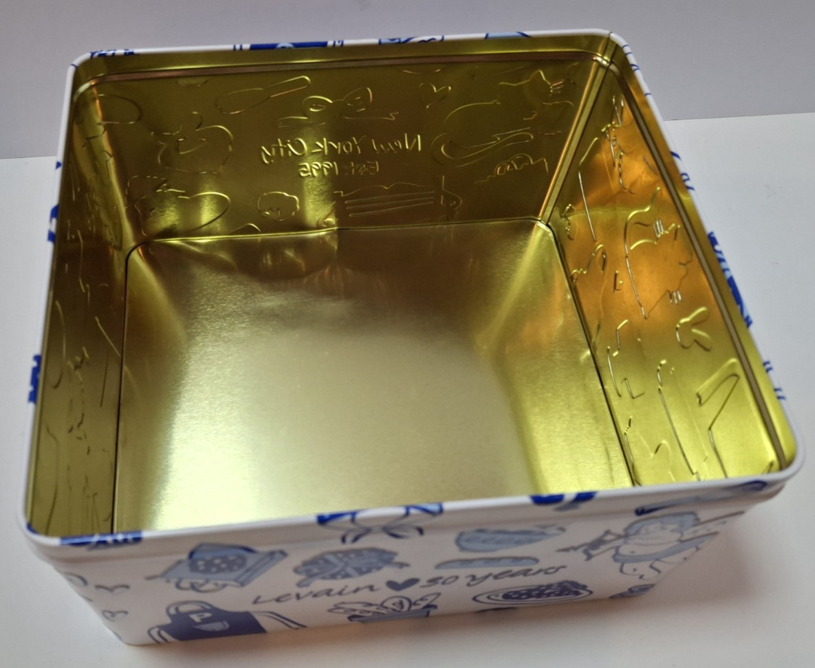 Levian Bakery Embossed Tin Container w/Lid 30th Anniversary Blue & White Empty