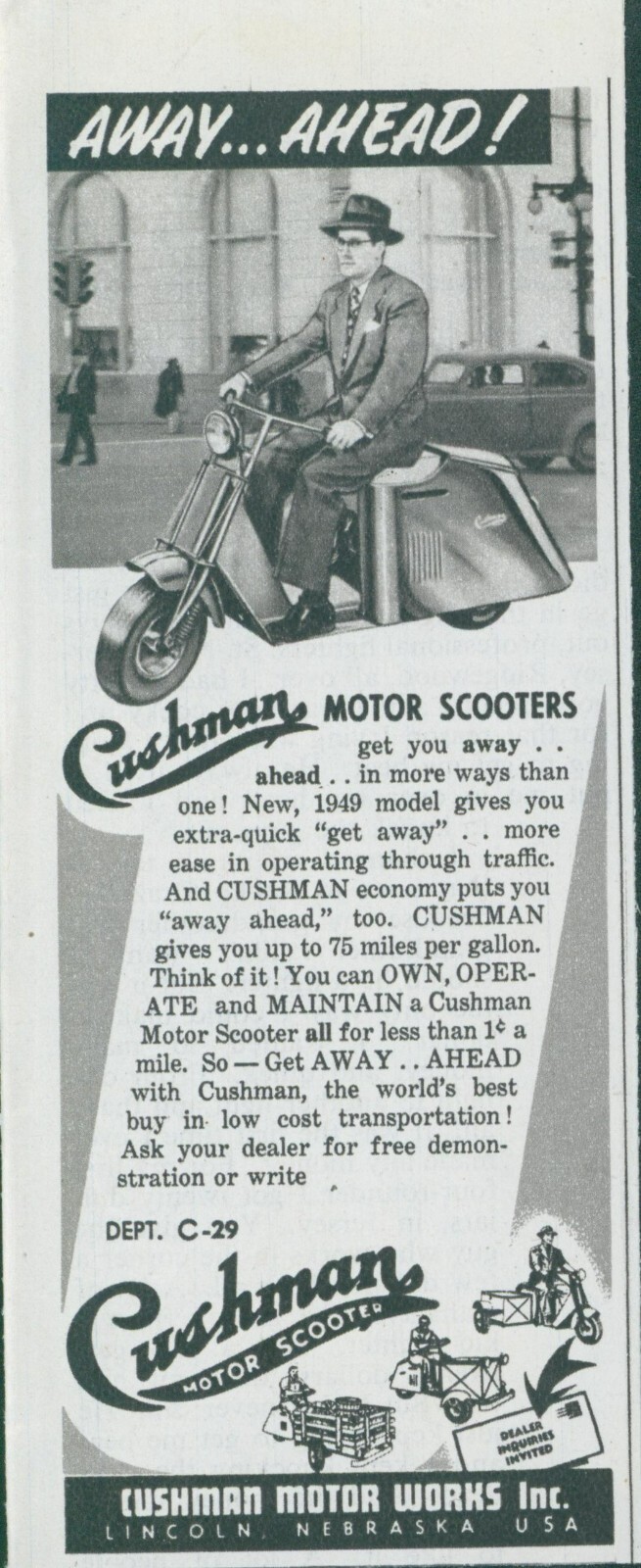 1949 Cushman Motor Scooter Away Ahead 75 MPG Lincoln NE Vtg Print Ad C14