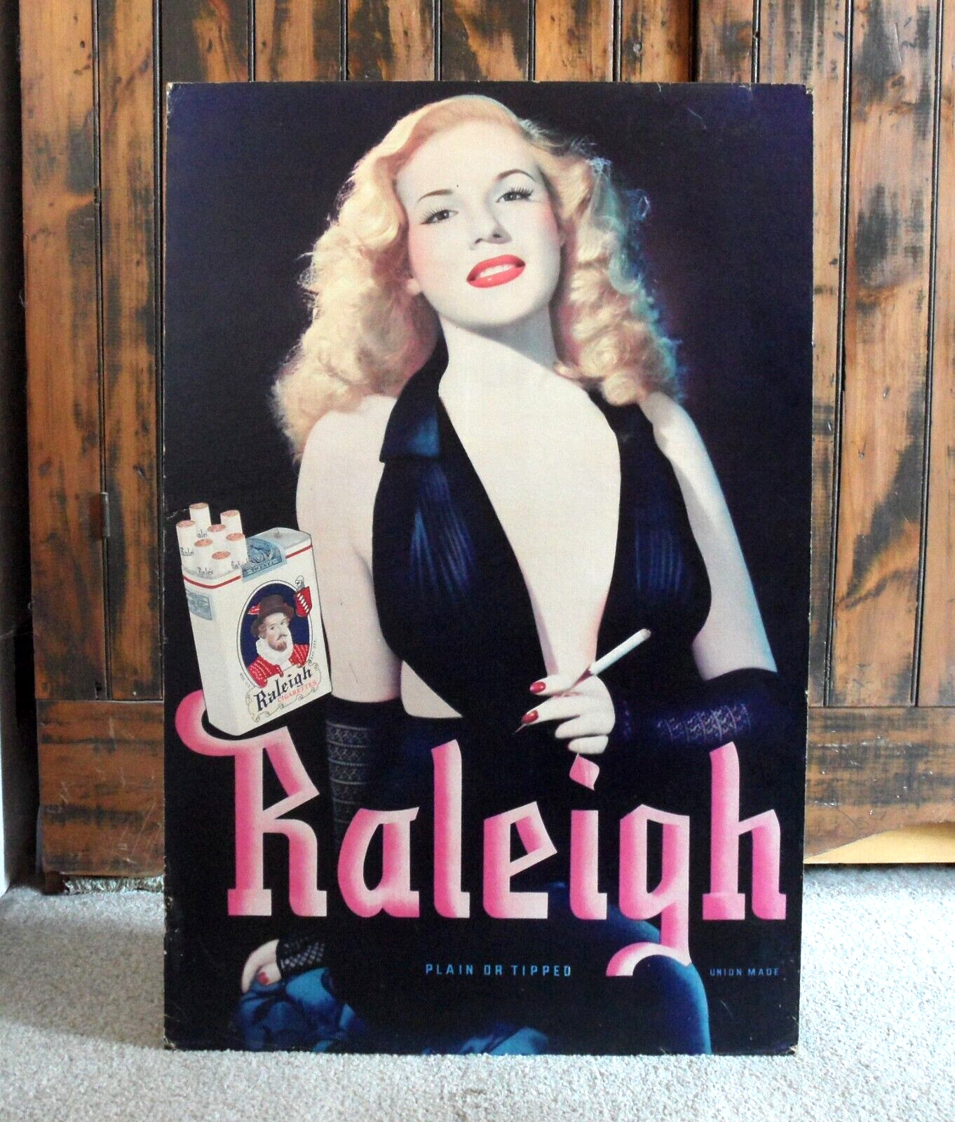 orig. 1940s RALEIGH CIGARETTES Sexy Gal *Vintage EASEL-BACK Tobacco Sign* 30×20