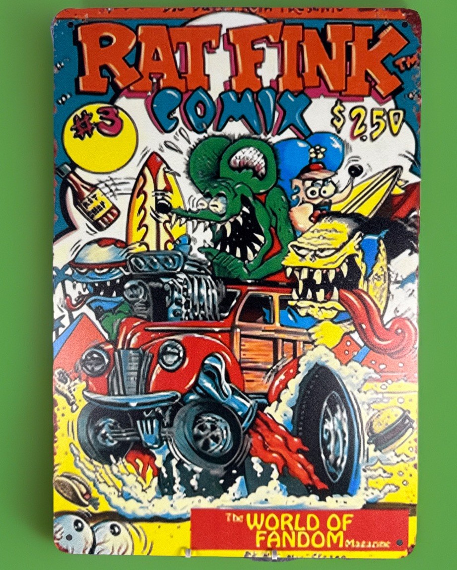 🔥 RAT FINK Ed Big Daddy Roth RF Hot Rod 12×8” Metal Sign Woody Surf Wagon READ