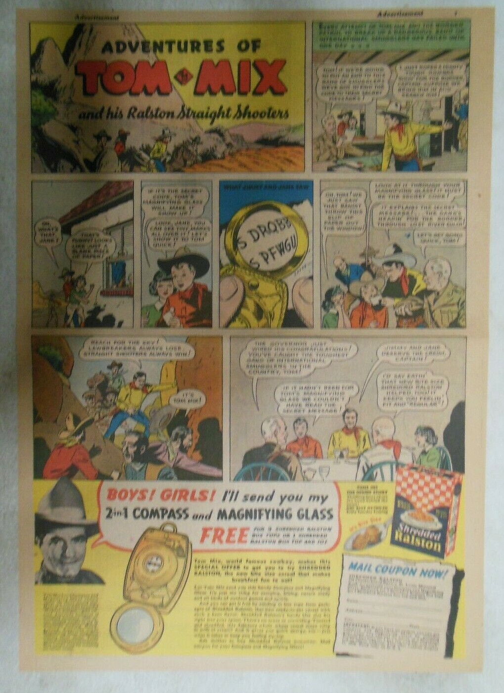 Ralston Cereal Ad: Tom Mix “2 in 1 Compass” Premium 1939 Size:11 x 15 inches
