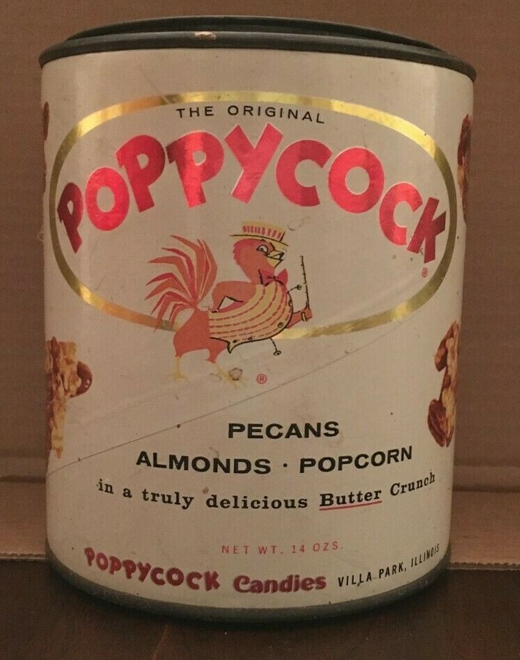 VINTAGE POPPYCOCK CANDY TIN – PECANS, ALMONDS, POPCORN – VILLA PARK, ILLINOIS