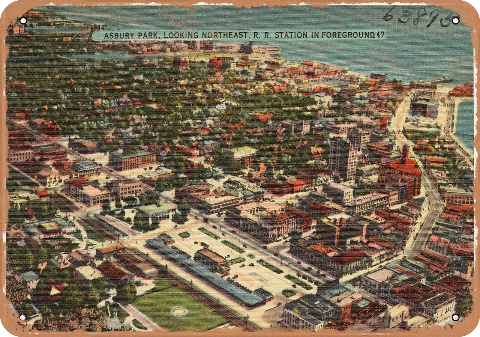 METAL SIGN – New Jersey Postcard – Asbury Park, looking northeast, R. R. statio