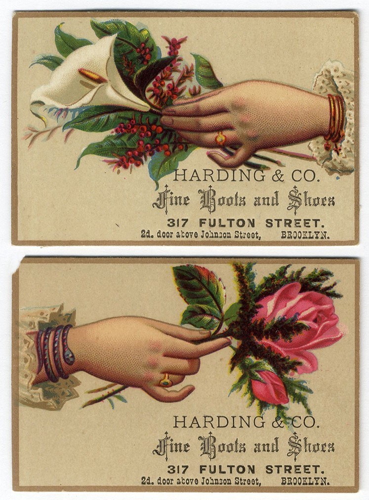 Brooklyn NY BOOTS SHOES Harding & Co Fulton St VICTORIAN Trade Card FLOWERS