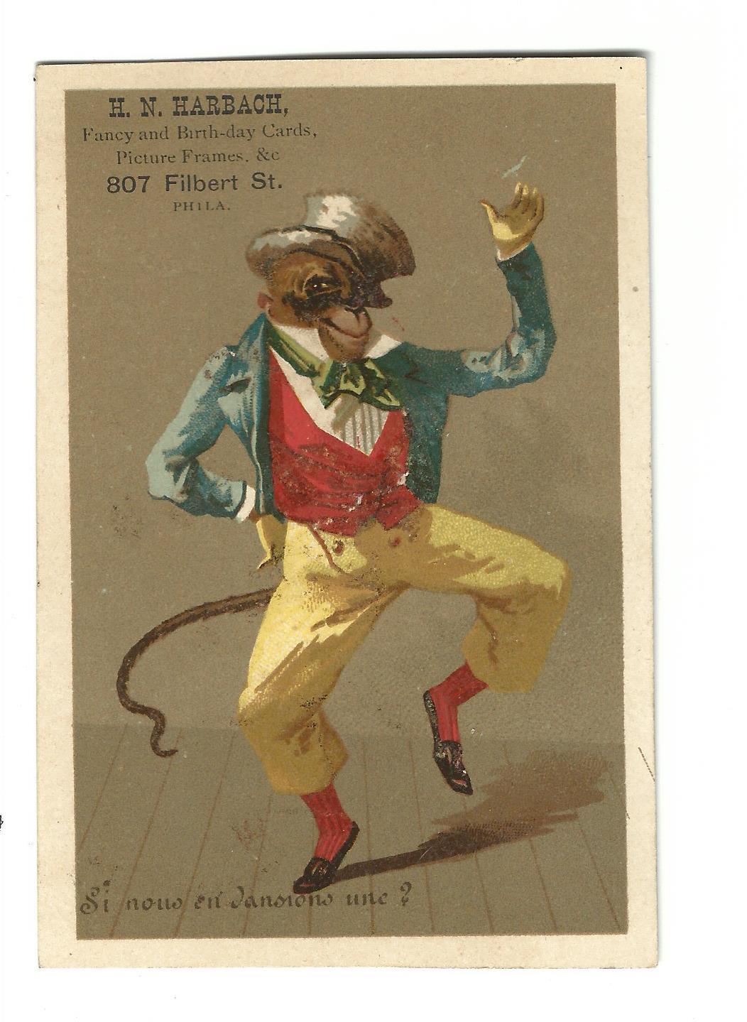Old Trade Card Harbach Birthday Cards Picture Frames Phila Monkey Dressed As Man