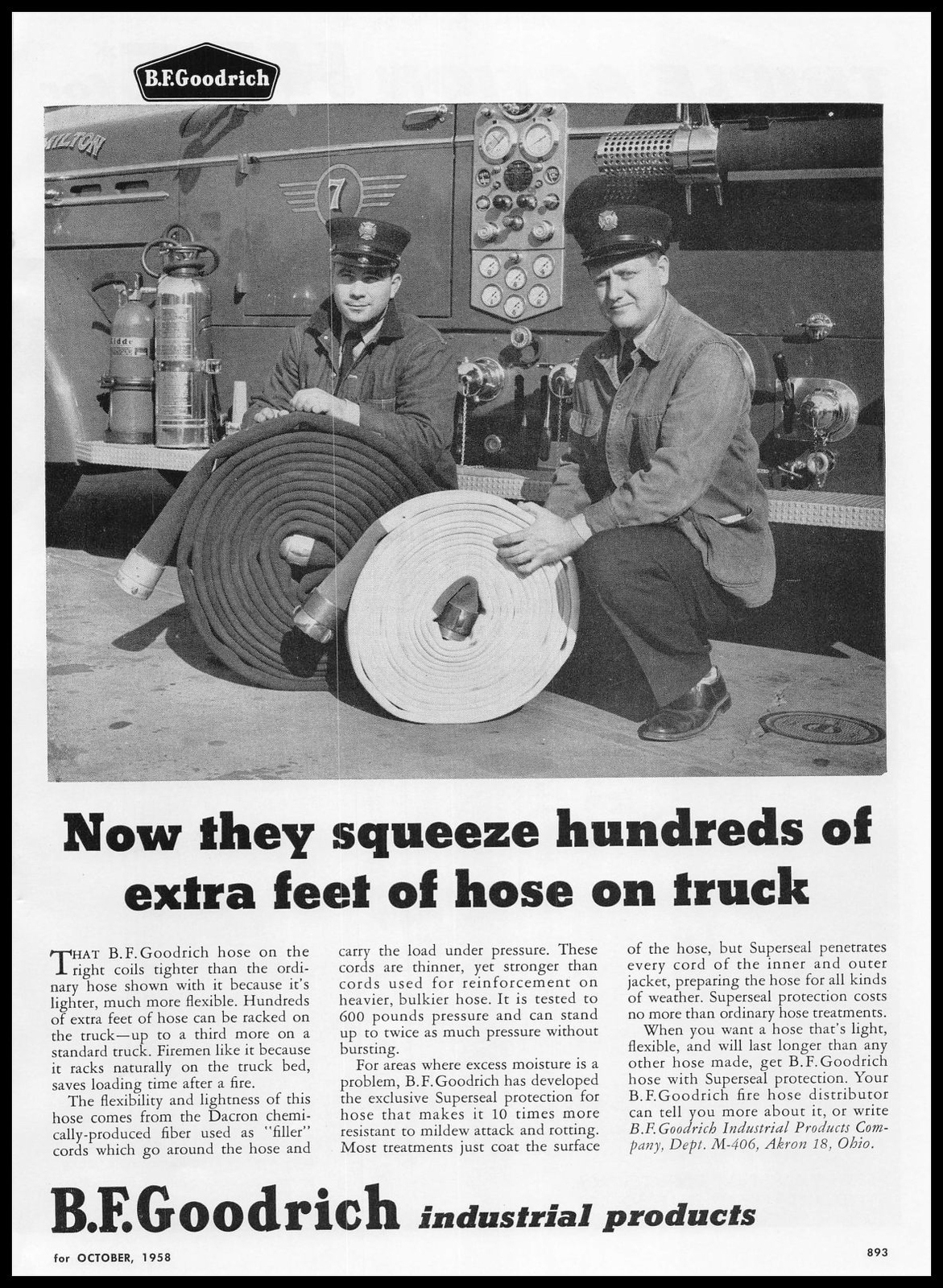 1958 B F Goodrich Akron Ohio Fire Station Photo Dacron Fire King Hoses Print Ad