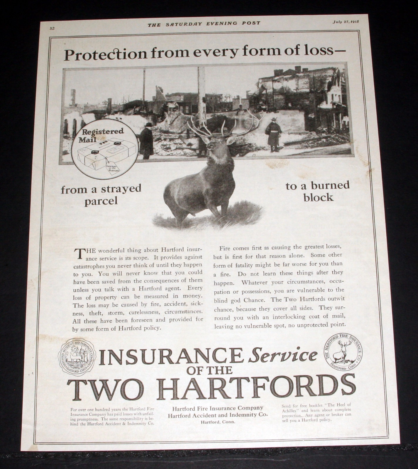 1918 OLD MAGAZINE PRINT AD, INSURANCE SERVICE OF THE TWO HARTFORDS, PROTECTION!