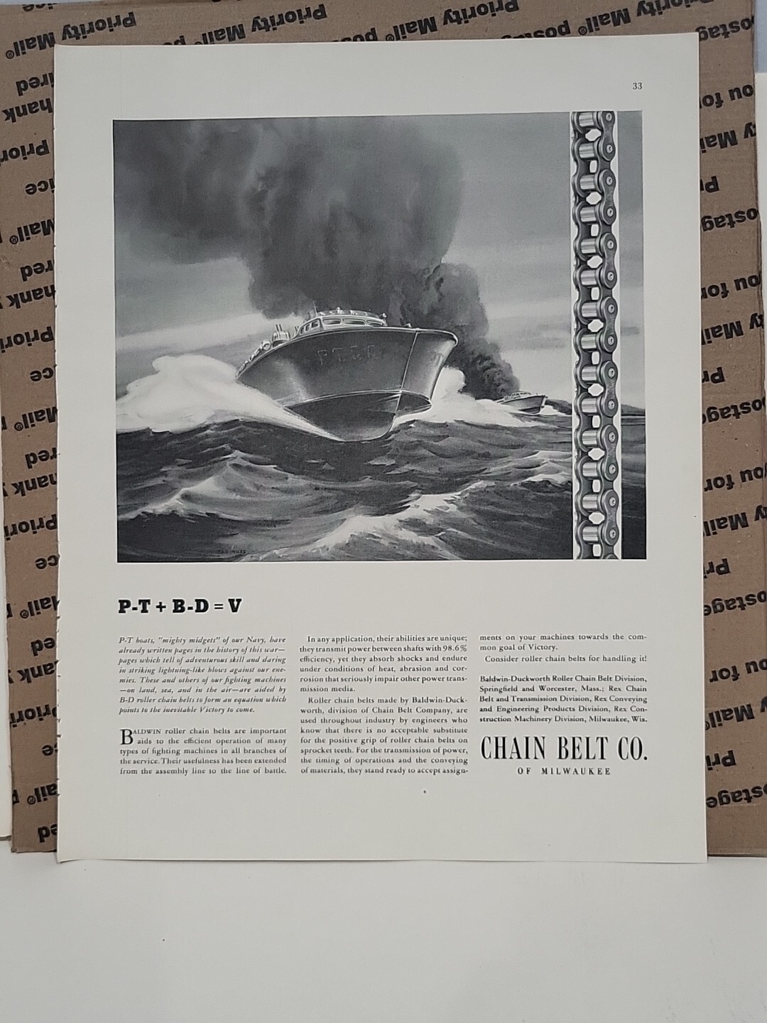 1942 Chain Belt Company of Milwaukee Fortune WW2 Print Ad Q3 U.S. Navy P.T. Boat