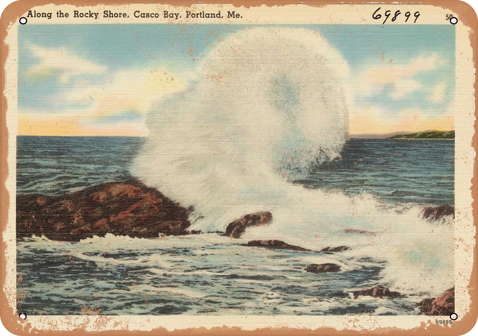 Metal Sign – Maine Postcard – Along the rocky shore, Casco Bay, Portland, Me.