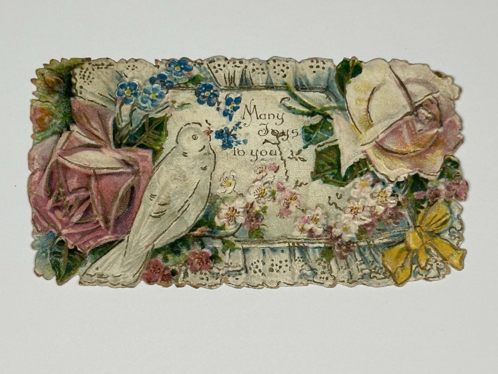 VTG Victorian Embossed Die Cut Gift Card Tag “Many Joys To You” Florals And Bird