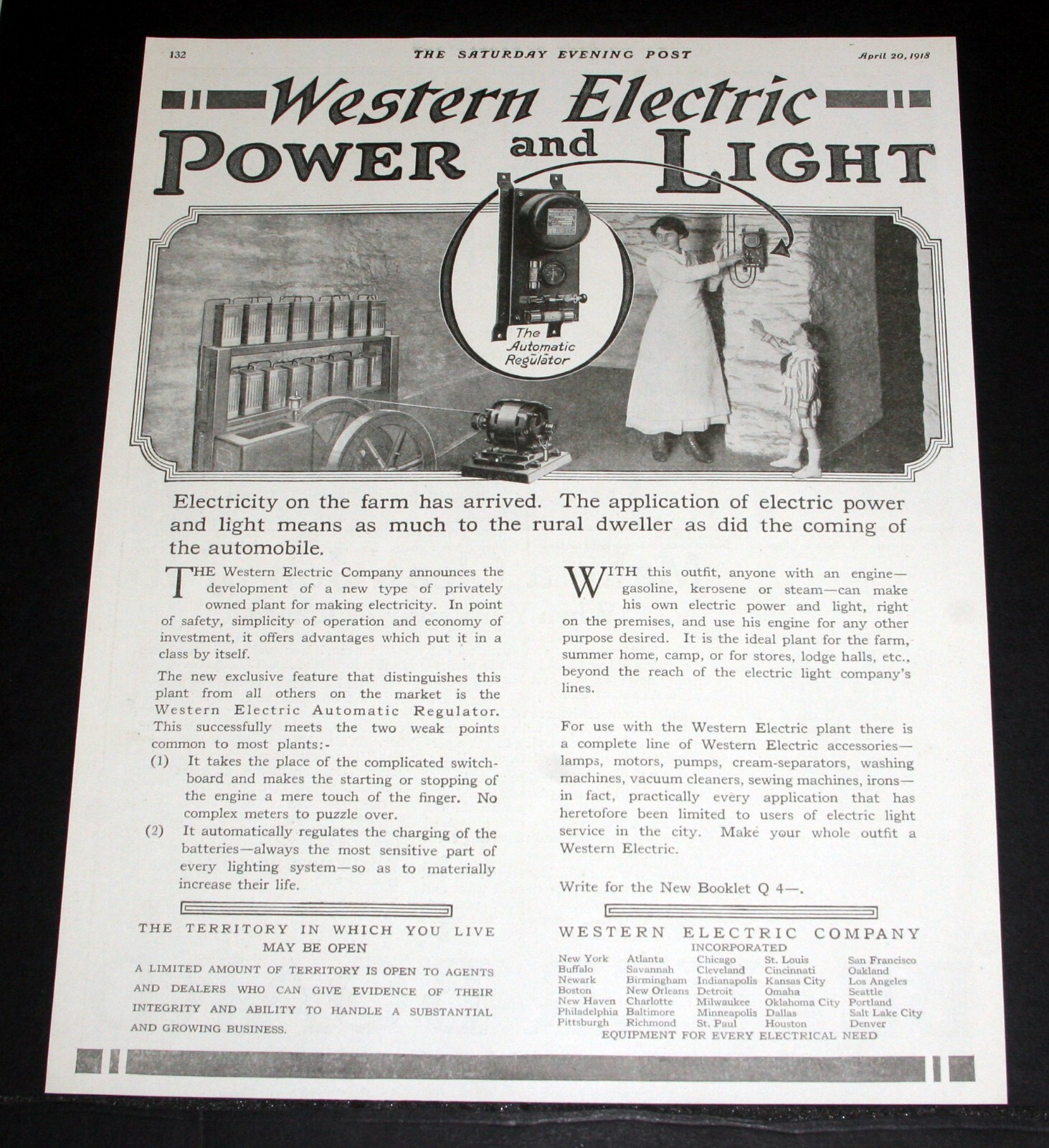 1918 OLD MAGAZINE PRINT AD, WESTERN ELECTRIC POWER AND LIGHT, FARM ELECTRICITY!