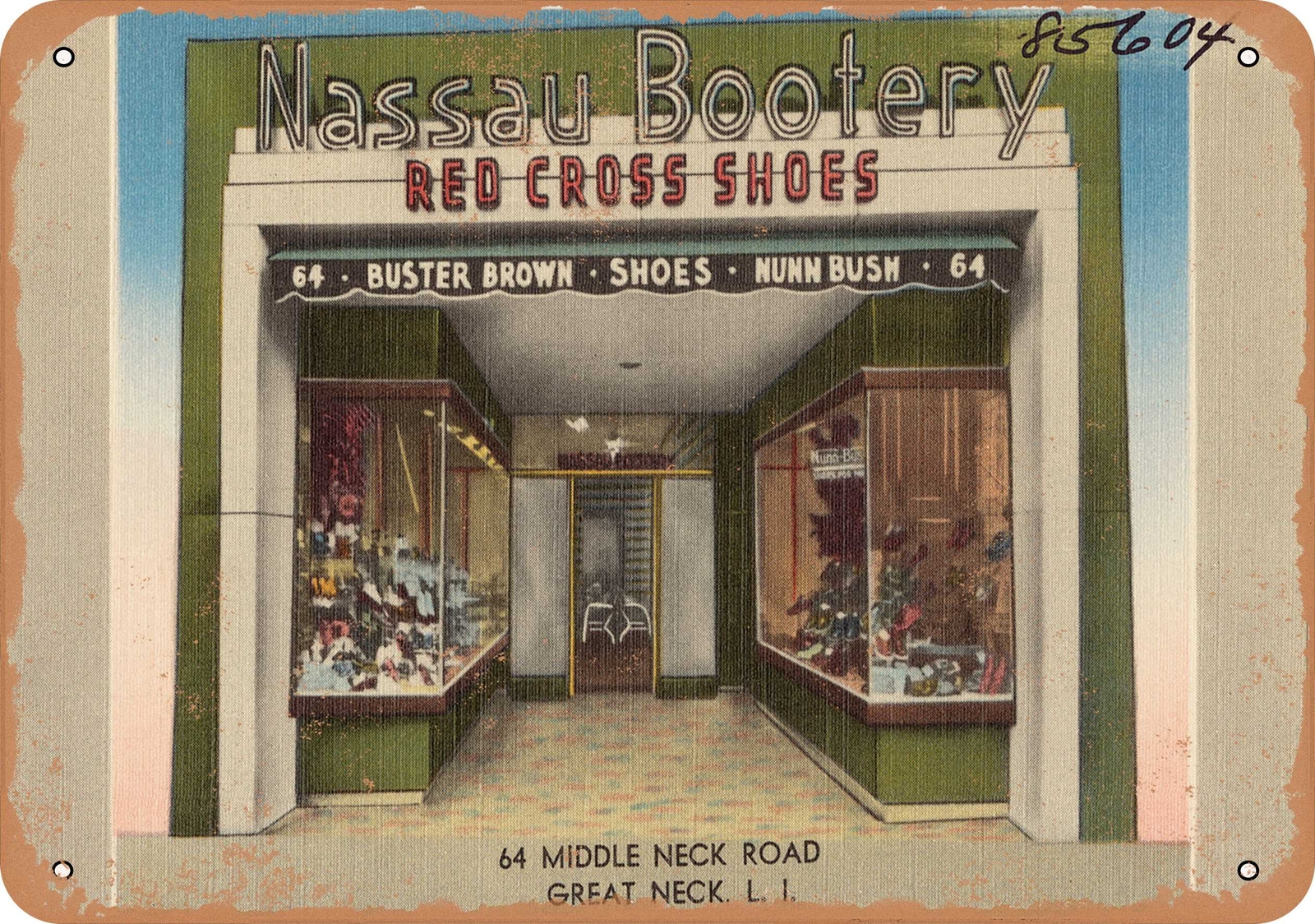 Metal Sign – New York Postcard – Nassau Bootery. 64 Middle Neck Road, Great Nec