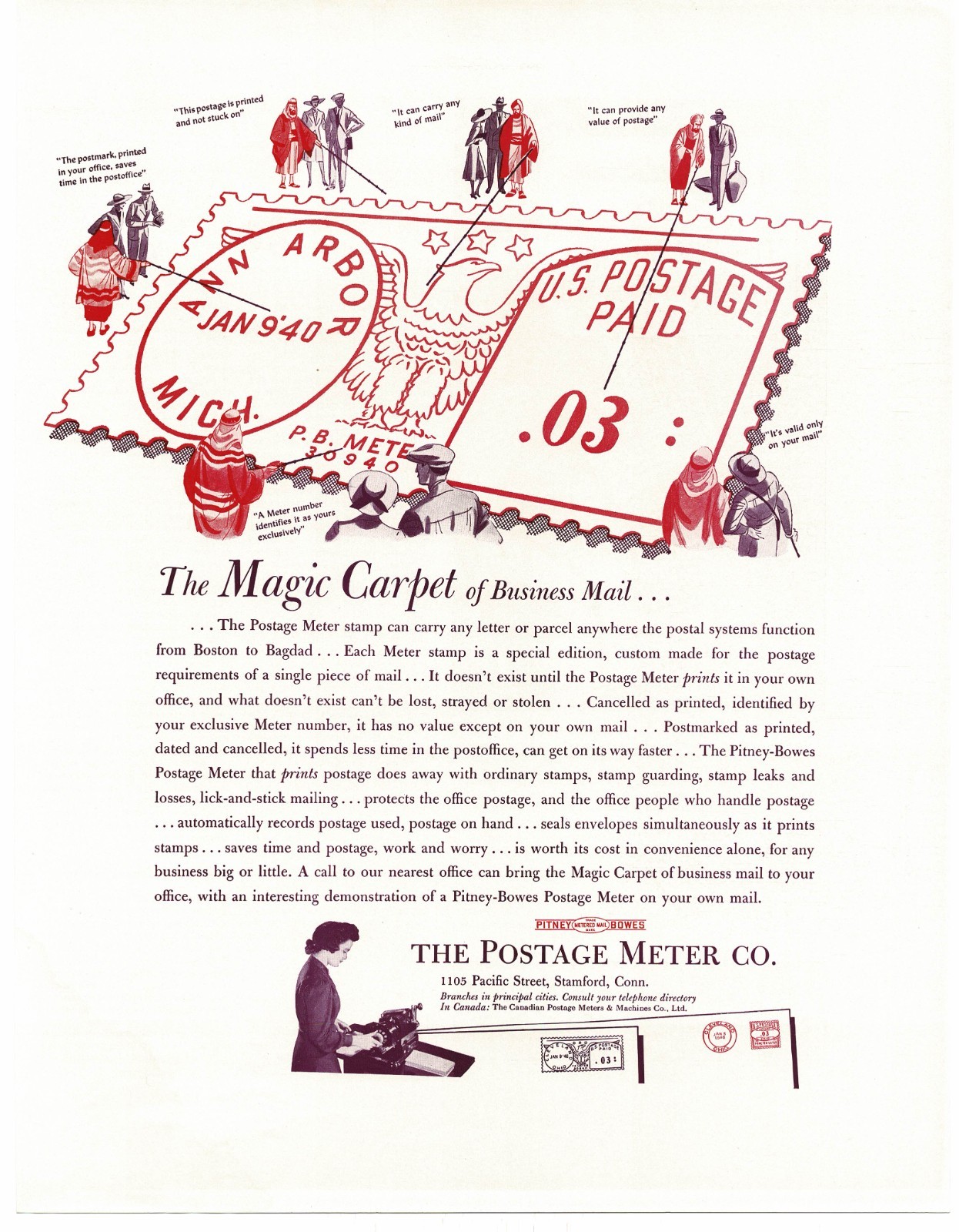 1940 Pitney Bowes Postage Meter Co. Mail Cancellation Vintage Print Ad