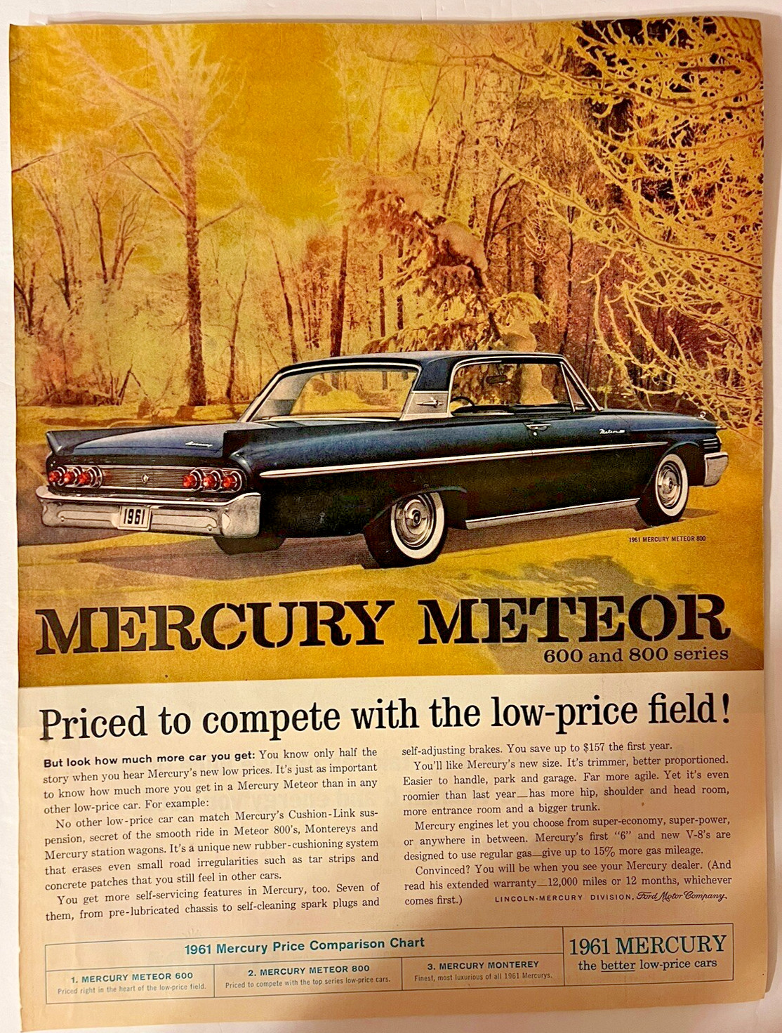Vtg 1961-Mercury Meteor 600 and 800 Series-Print Ad-Priced to Compete V-6 & V-8