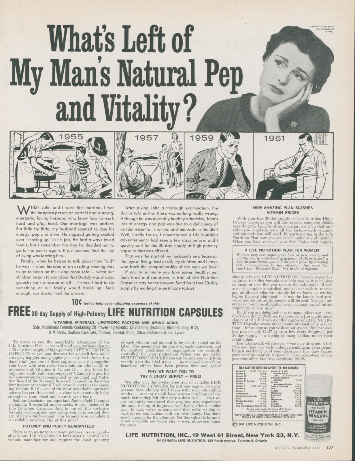 1961 Life Nutrition What Is Left of My Man’s Natural Pep Vitality Vitamin Ad MC1