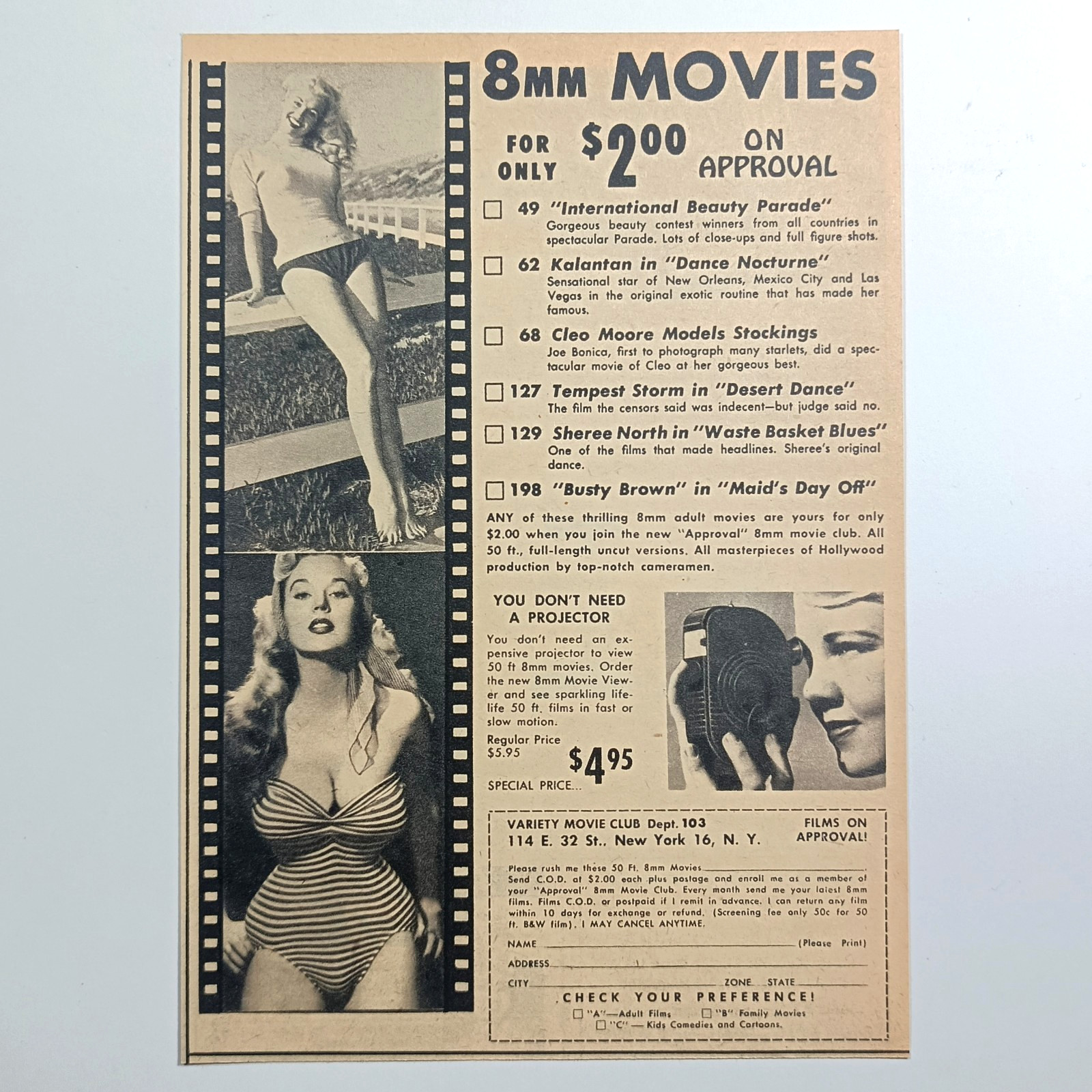 Betty Brosmer pin-up ad for 8mm Movies vintage 1958 Tempest Storm Sheree North