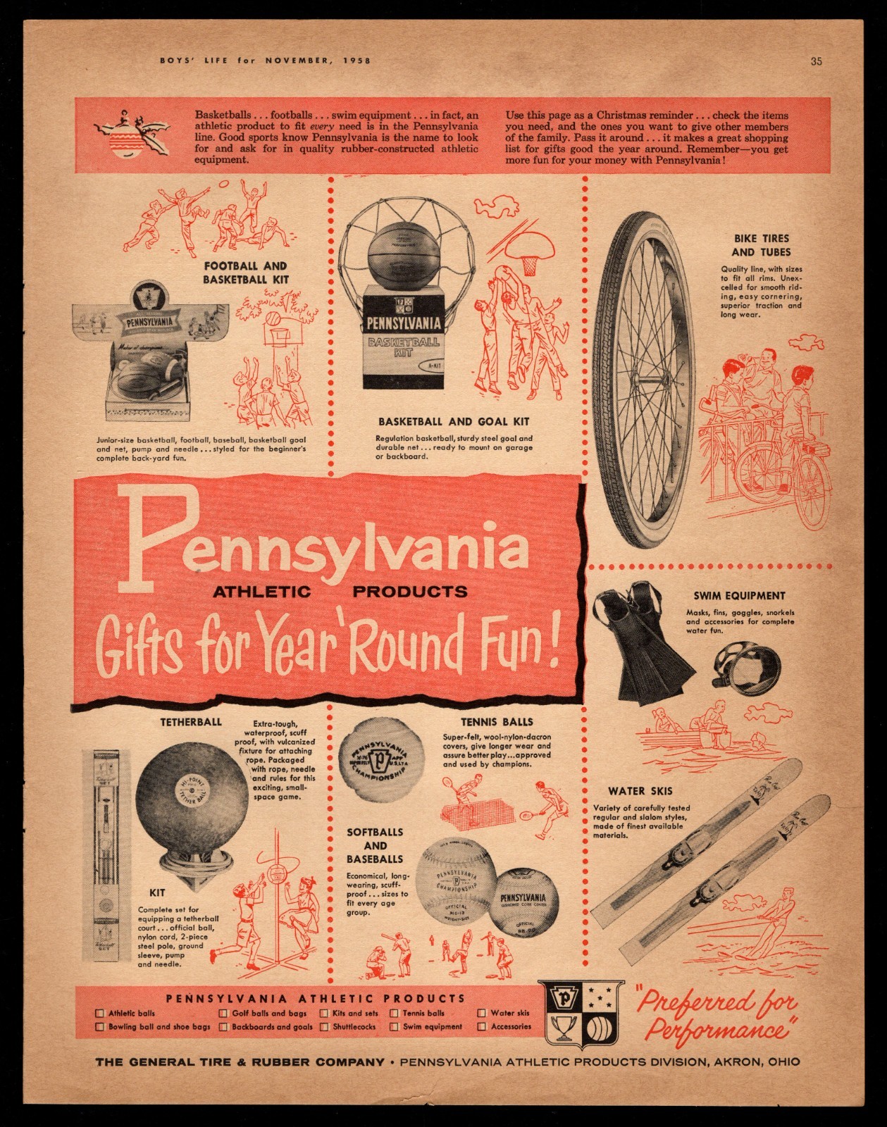 1958 Pennsylvania Athletic Products Gift Year Round General Tire Rubber Print Ad