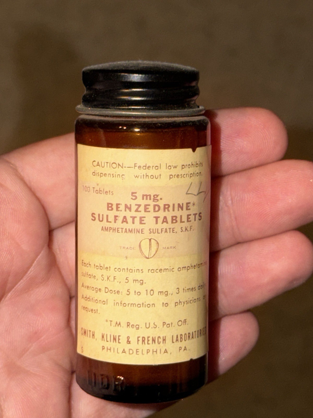 BENZEDRINE Amphetamine Bottle Medical History Glass Army EMPTY RARE *Make Offer*