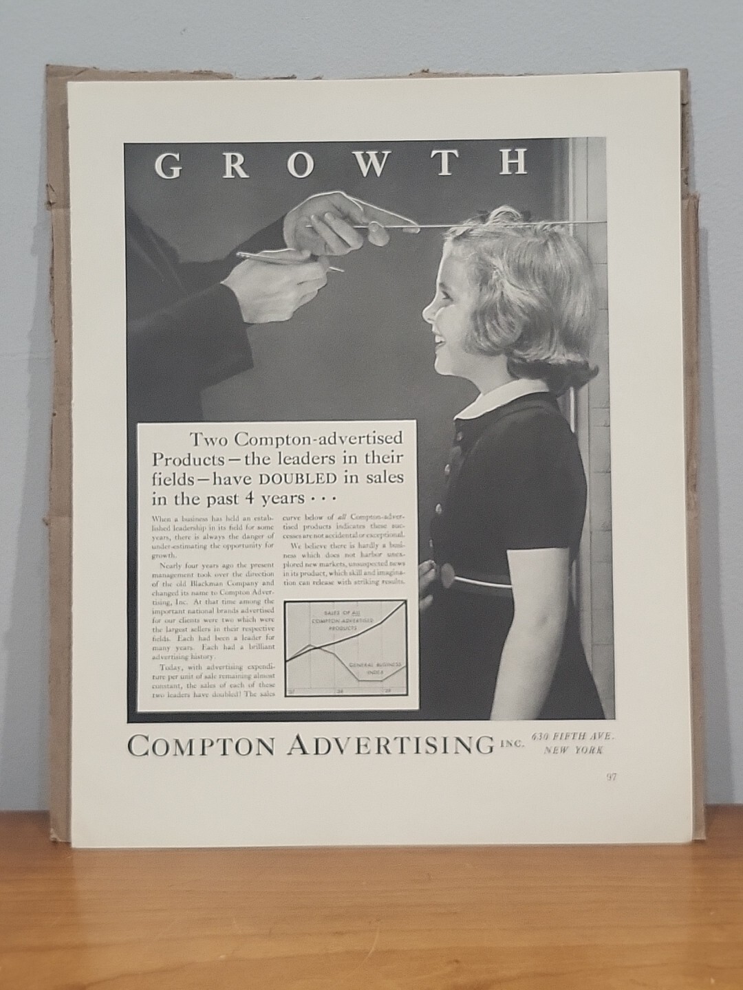 1940 Compton Advertising Agency Fortune WW2 Print Ad Q1 Growth Girl Ruler Chart