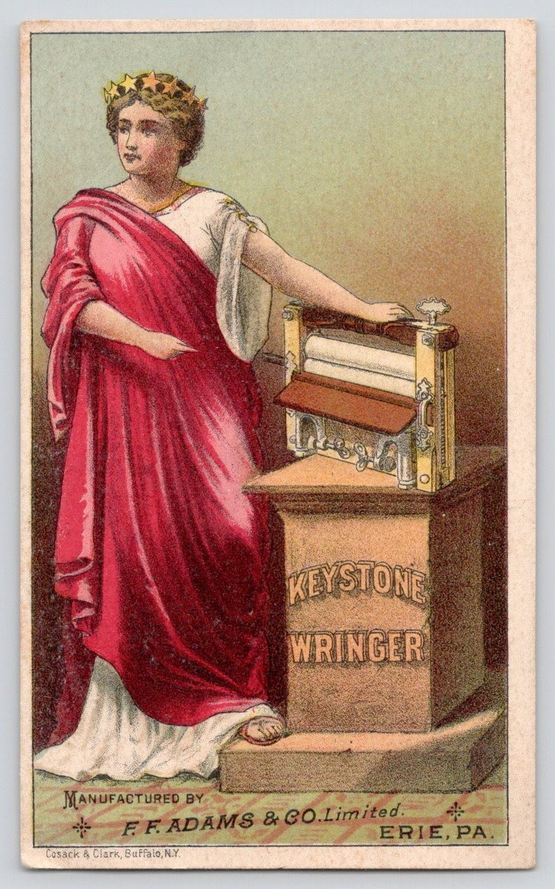 Keystone Wringer Co Toledo OH F.F. Adams Co Erie PA Dealer Victorian Trade Card