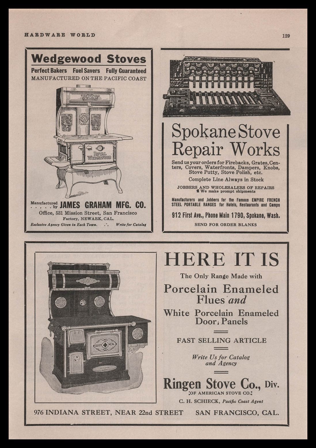1912 Ringen Stove Co. Wedgewood Stoves San Francisco California Vintage Print Ad