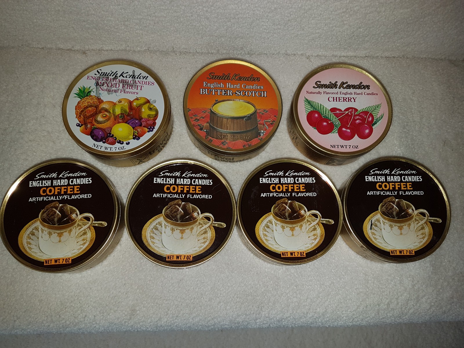 7 Vintage SMITH KENDON English Hard Candies Travel Sweets Empty Round 7oz. Tins