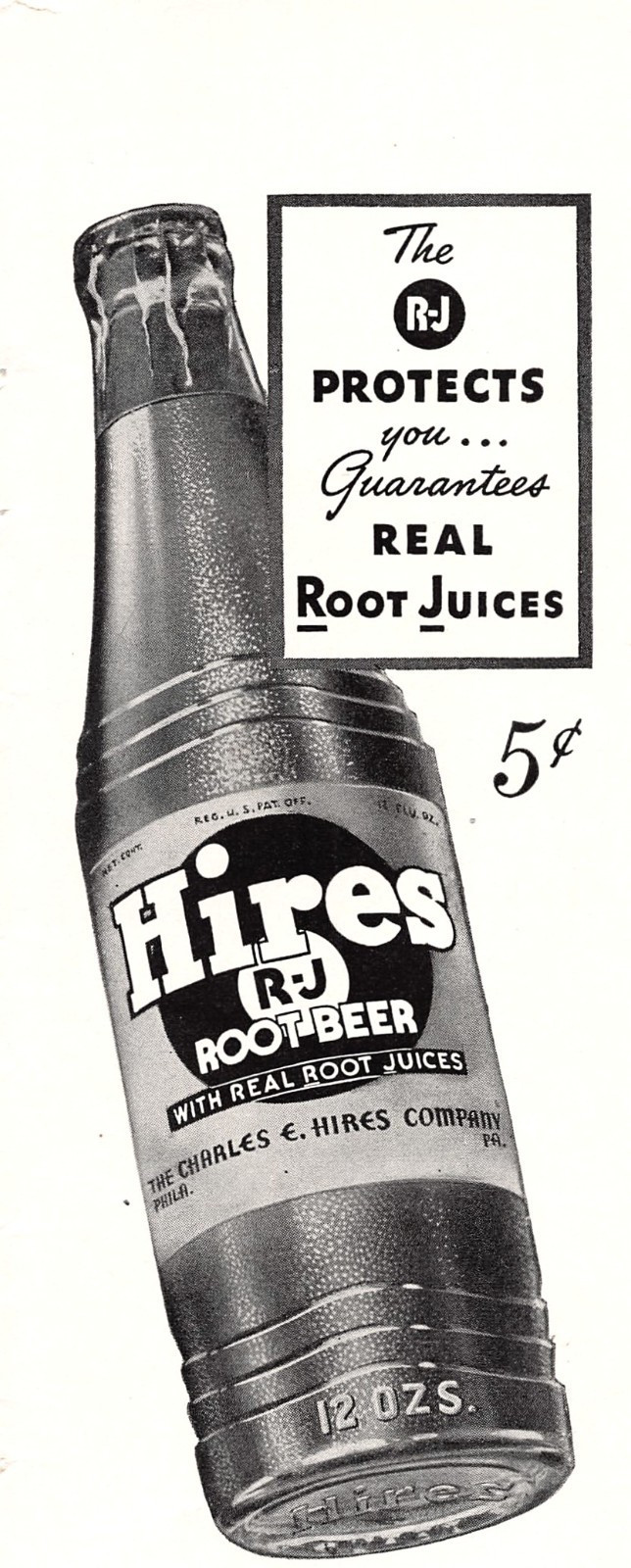 Hires Root Beer Bottle Soda Real Root Juices 5 Cent Drink 1940s Vtg Mag Print Ad