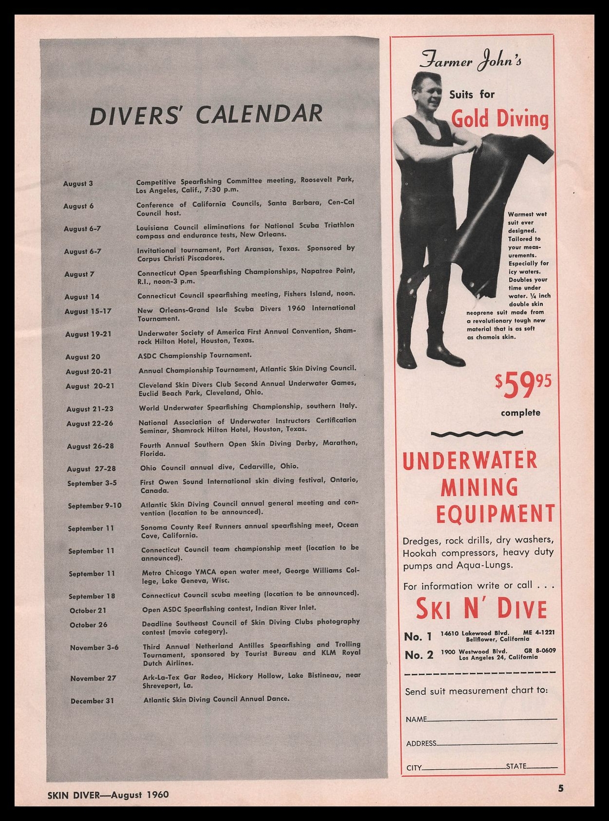 1960 Ski N’ Dive Bellflower California Farmer John’s Gold Diving Suits Print Ad