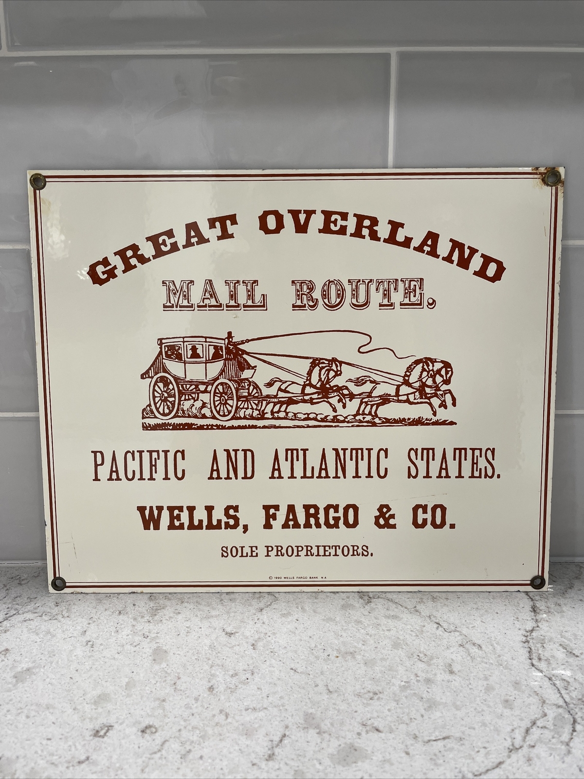 Vintage 1990 Wells, Fargo & Co. Great Overland Mail Porcelain Enamel Rooney Sign