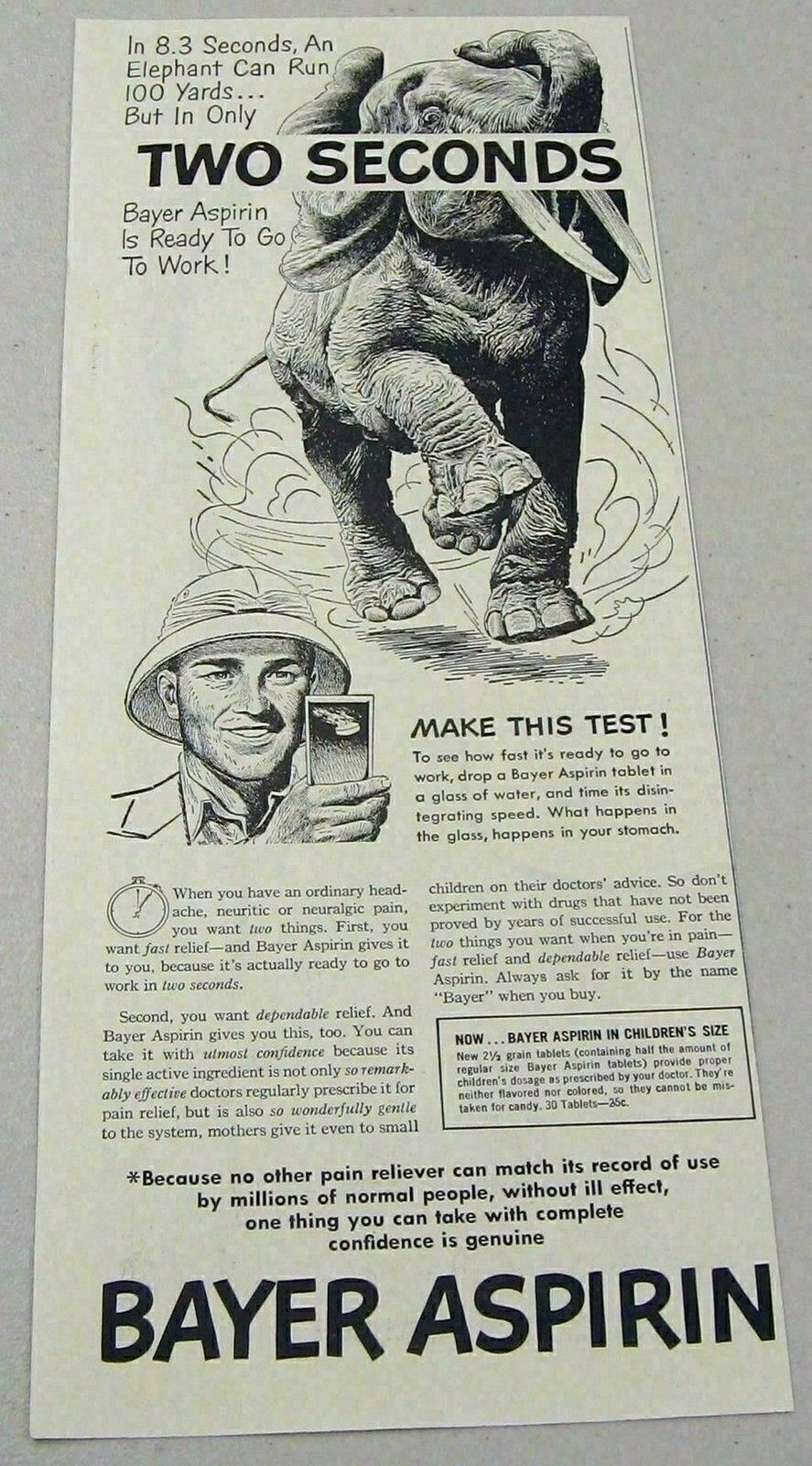 1950 Print Ad Bayer Aspirin Elephant Runs 100 Yards in 8.3 Seconds