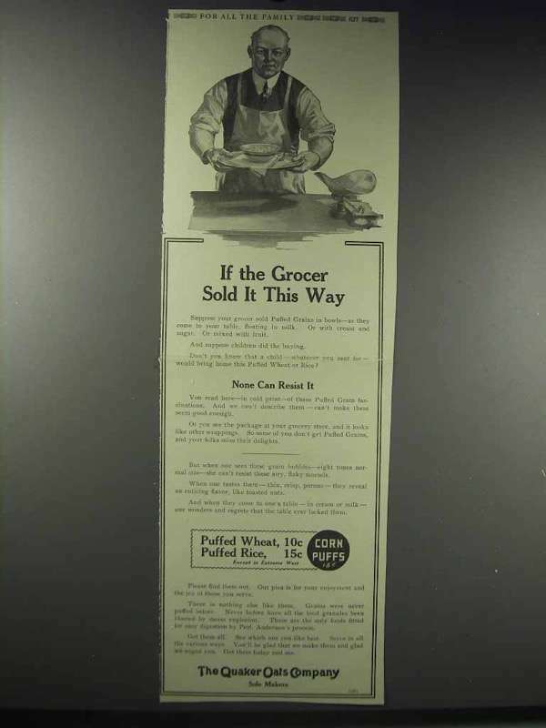 1914 Quaker Puffed Wheat & Rice Ad – If the Grocer Sold