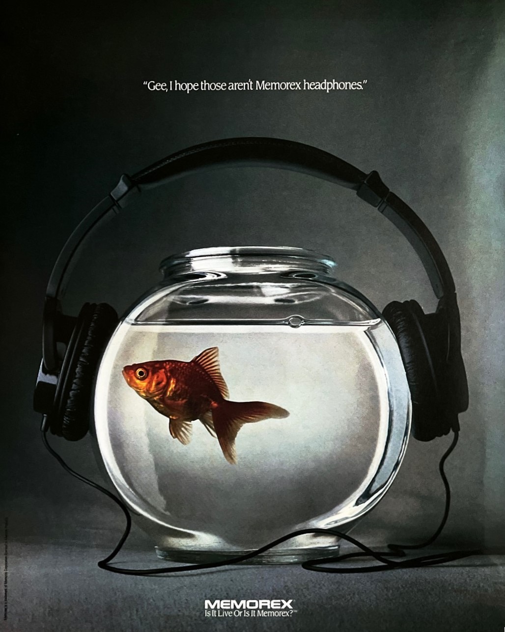 1990 MEMOREX HEADPHONES Genuine Vintage Print Ad Goldfish Bowl 10″ x 12″