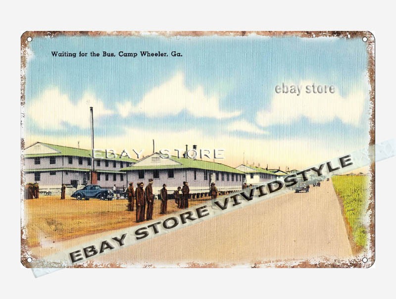 tin sign 1930s-40s Waiting for bus Camp Wheeler Georgia office restaurant decor