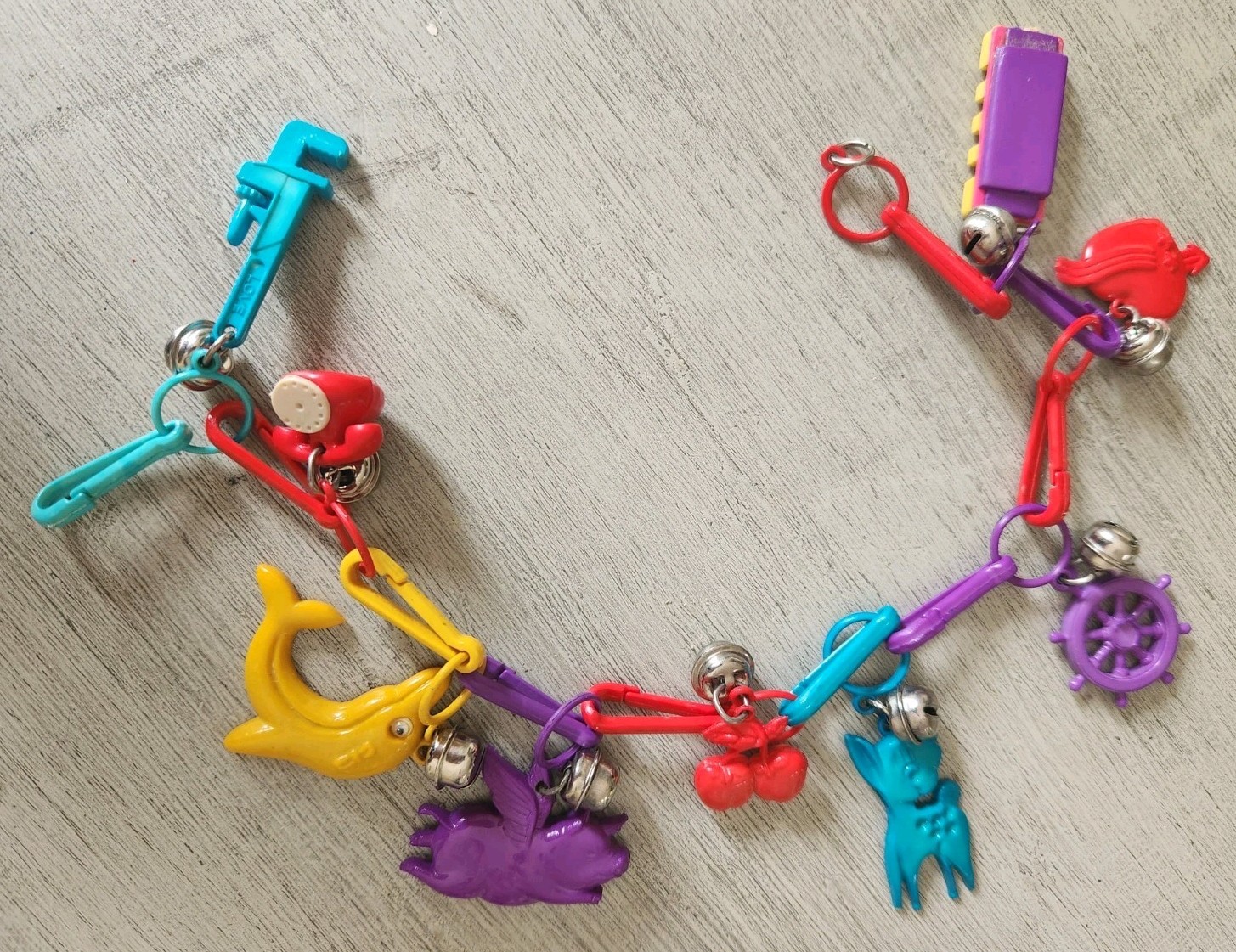 Vintage 80s Plastic Clip On Bell Charm 9 Rare Charms Flying Pig Wrench