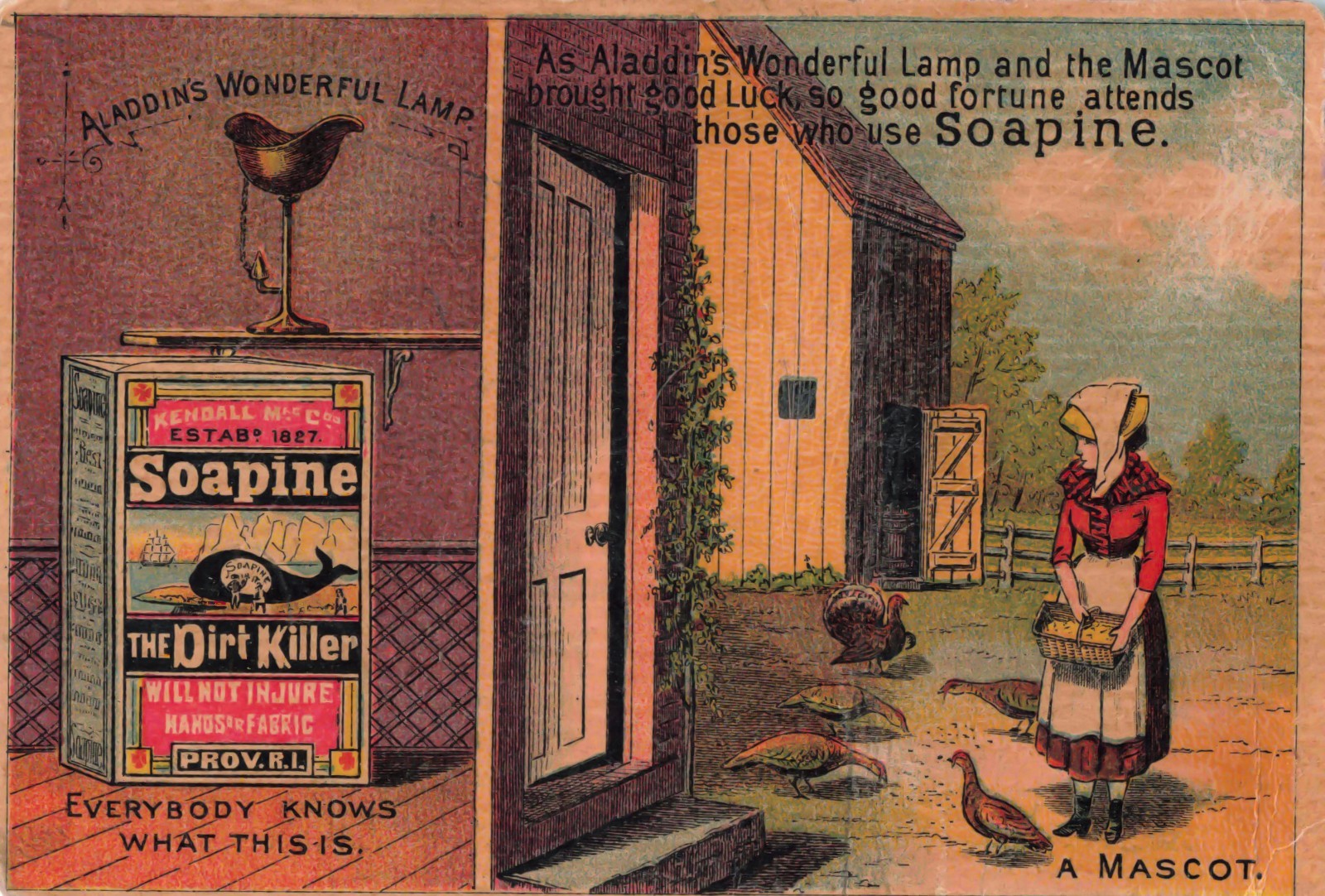 Victorian Trade Card Laundry Soap Ad Soapine Aladdin’s Lamp Farm Mascot 1890s