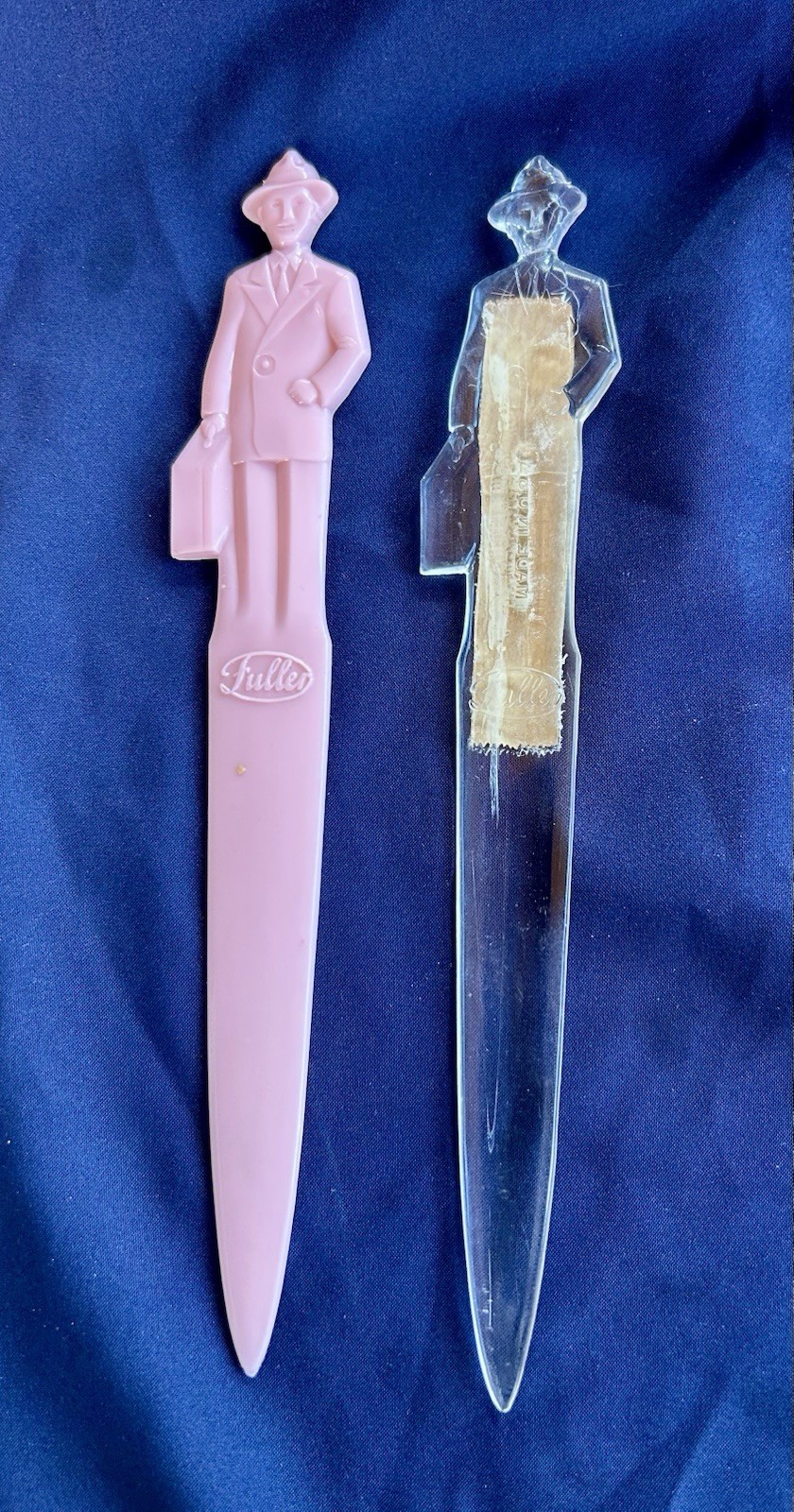 Pair Vintage 1950s Fuller Brush Man Letter Openers. Clear & Pink. 7″
