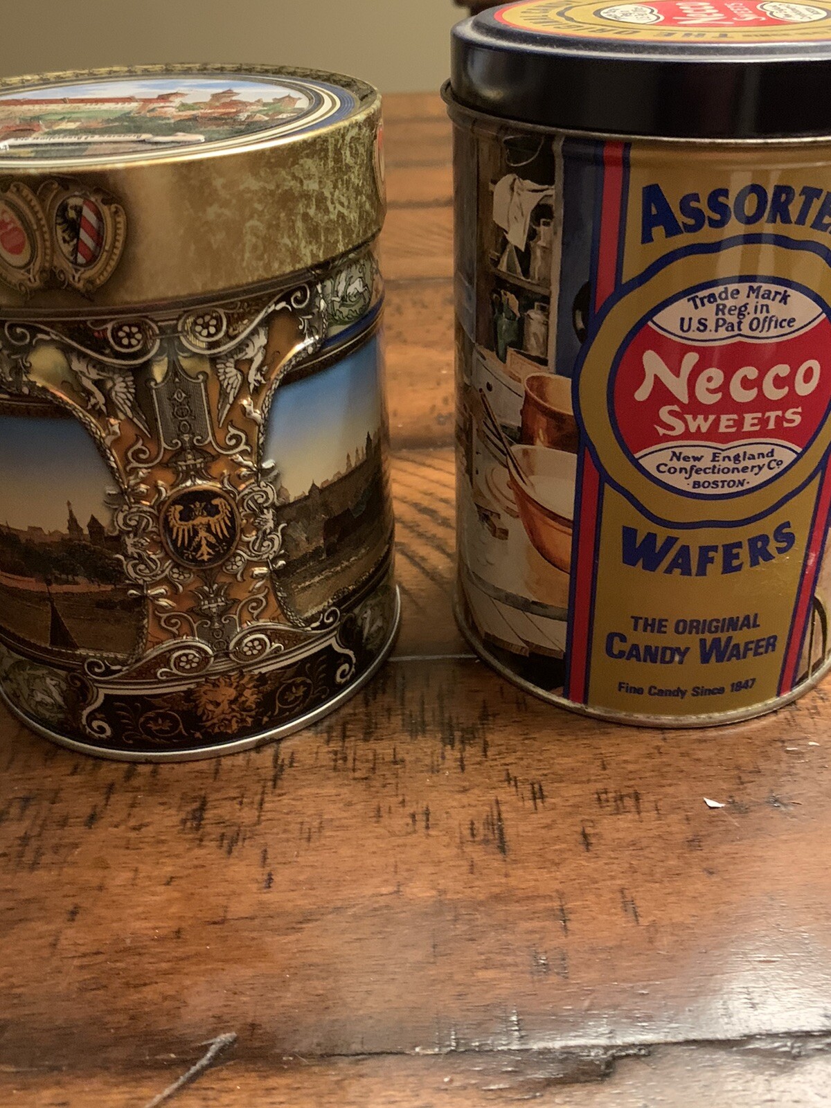 Lot Of 2 Vintage Necco Wafer Tin And German Wafer Container. Used Good Cond