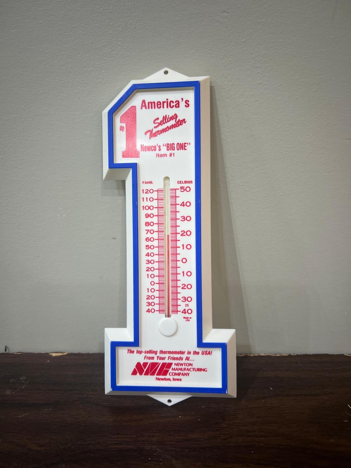 VTG Plastic Big 1 Shaped Newton Iowa Newco’s America’s Selling Thermometer 9″