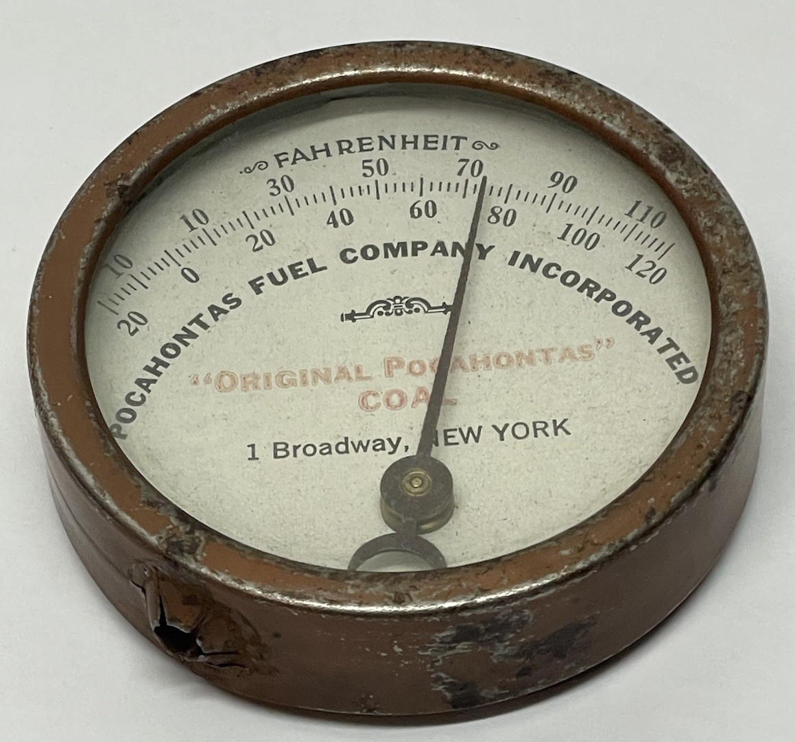 Antique POCAHONTAS FUEL COMPANY COAL Thermometer NEW YORK Glass Metal Frame RARE