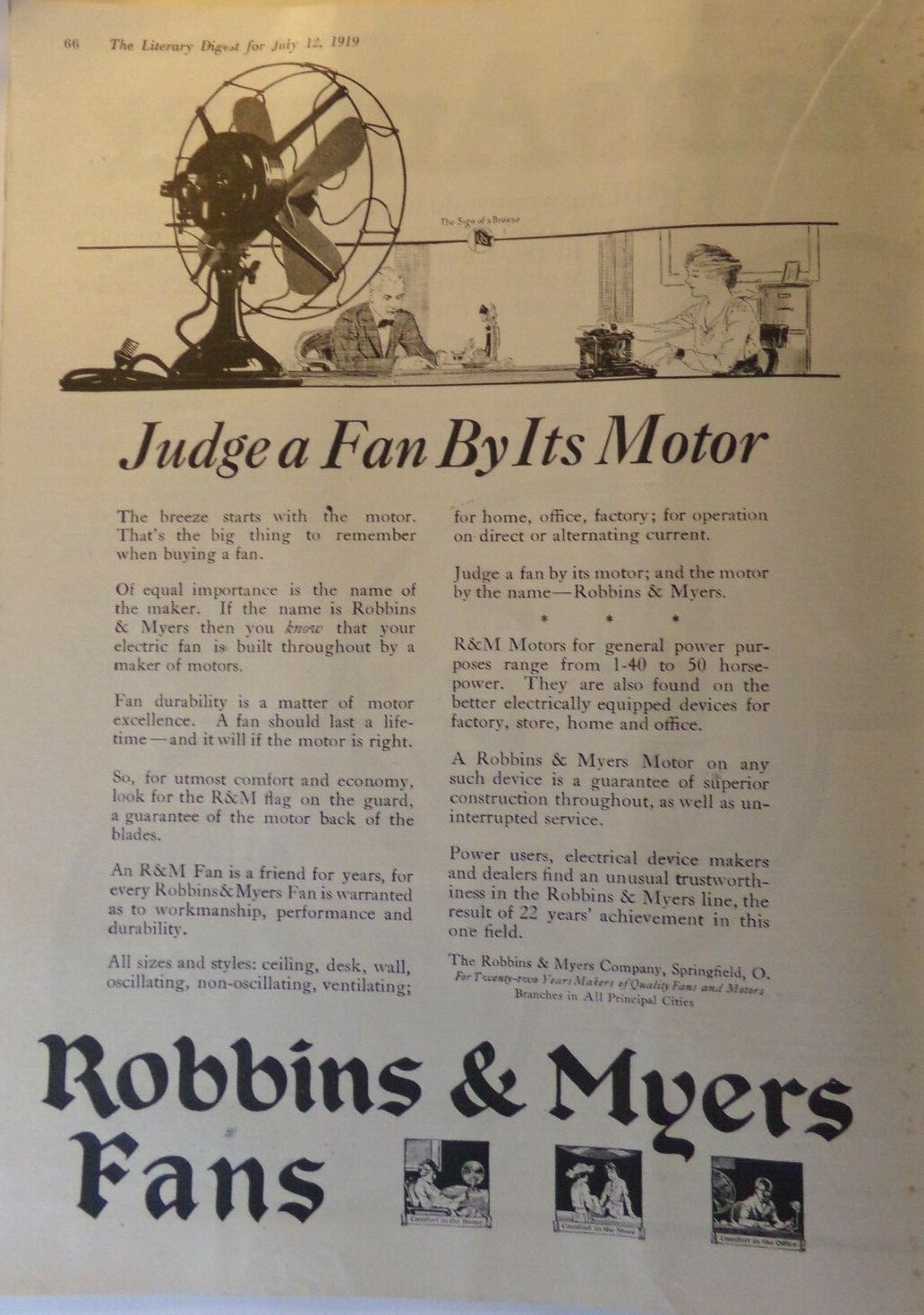 Robbins & Myers Fans Vintage 1919 Paper Ad The Literary Digest (SM-1-10)