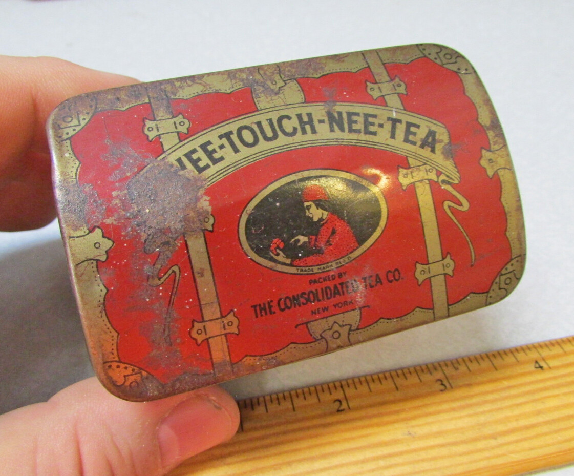Vintage Swee-touch-nee empty tea tin, cool graphics & colors, smaller version