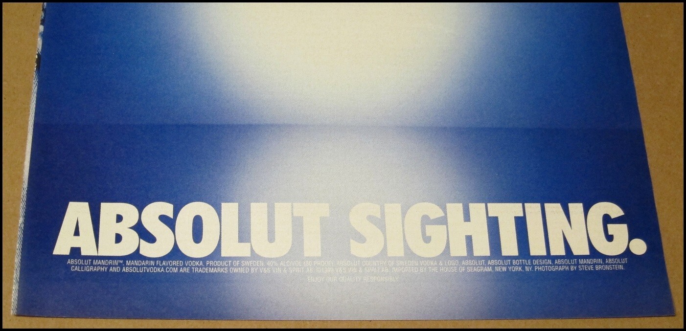 1999 Absolut Sighting Absolut Mandrin Vodka Print Ad 10″ x 12″ Advertisement