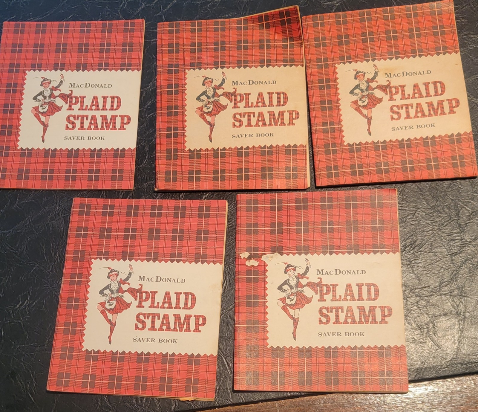 1960’s MacDonald Plaid Stamp Saver Books, Lot of 5 with different stamps TB