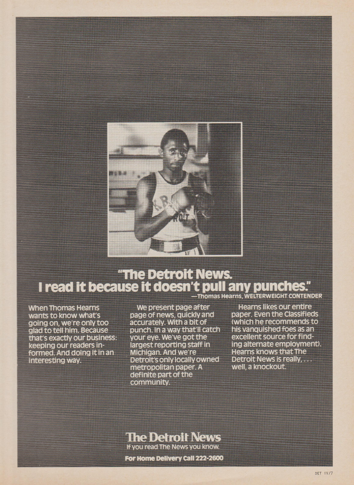 1979 The Detroit News – Boxer Thomas “The Hitman” Hearns – Promo Print Ad Photo