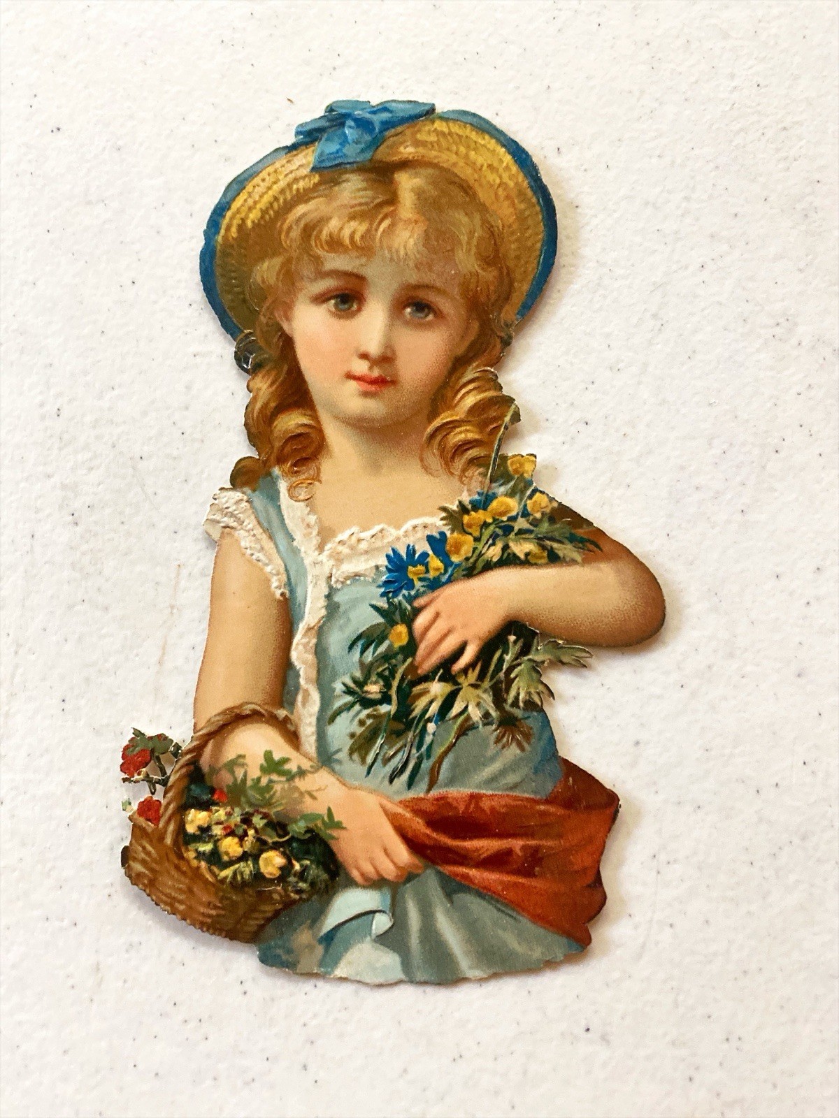 Victorian Die Cut Trade Card Girl Straw Hat Flower Basket Scrap 1890s
