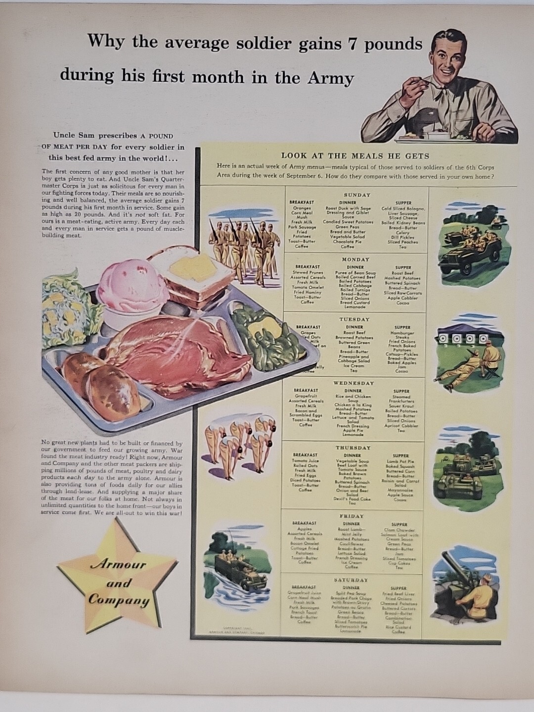 1942 Armour Meats Fortune WW2 Print Ad Q3 U.S. Army Rations Menu Soldier tank