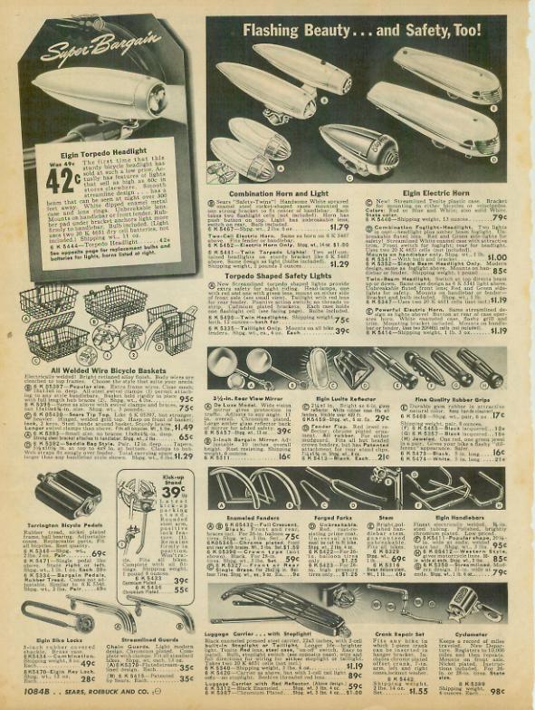 Catalog Page Ad Bicycles Bikes Acessories Lights Mirrors Baskets Original 1941