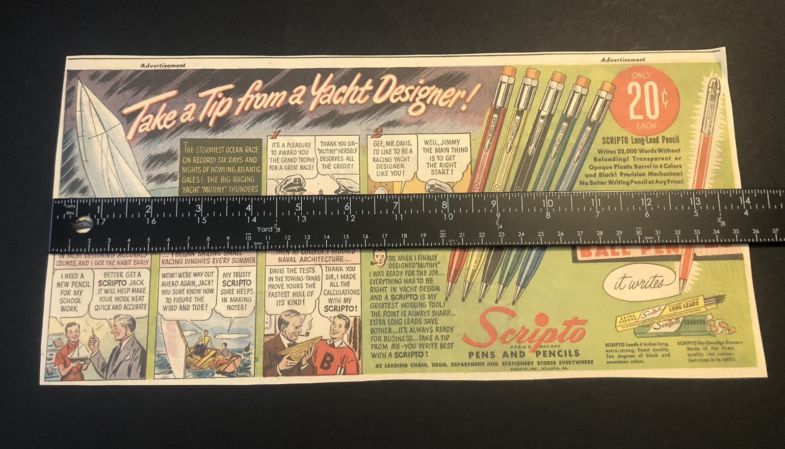 1950’s Scripto Pens & Pencils Yacht Sailing Thunderstorm Comic Newspaper Ad 2D21